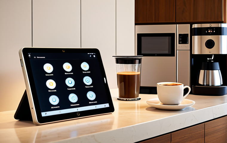 **
A modern Arab home interior, warmly lit, with a smart coffee machine brewing coffee and a tablet displaying a smart home control panel. Focus on the feeling of comfort and convenience, highlighting how smart home devices create a relaxing lifestyle. Consider adding traditional Arabic design elements subtly incorporated with the modern tech.
**