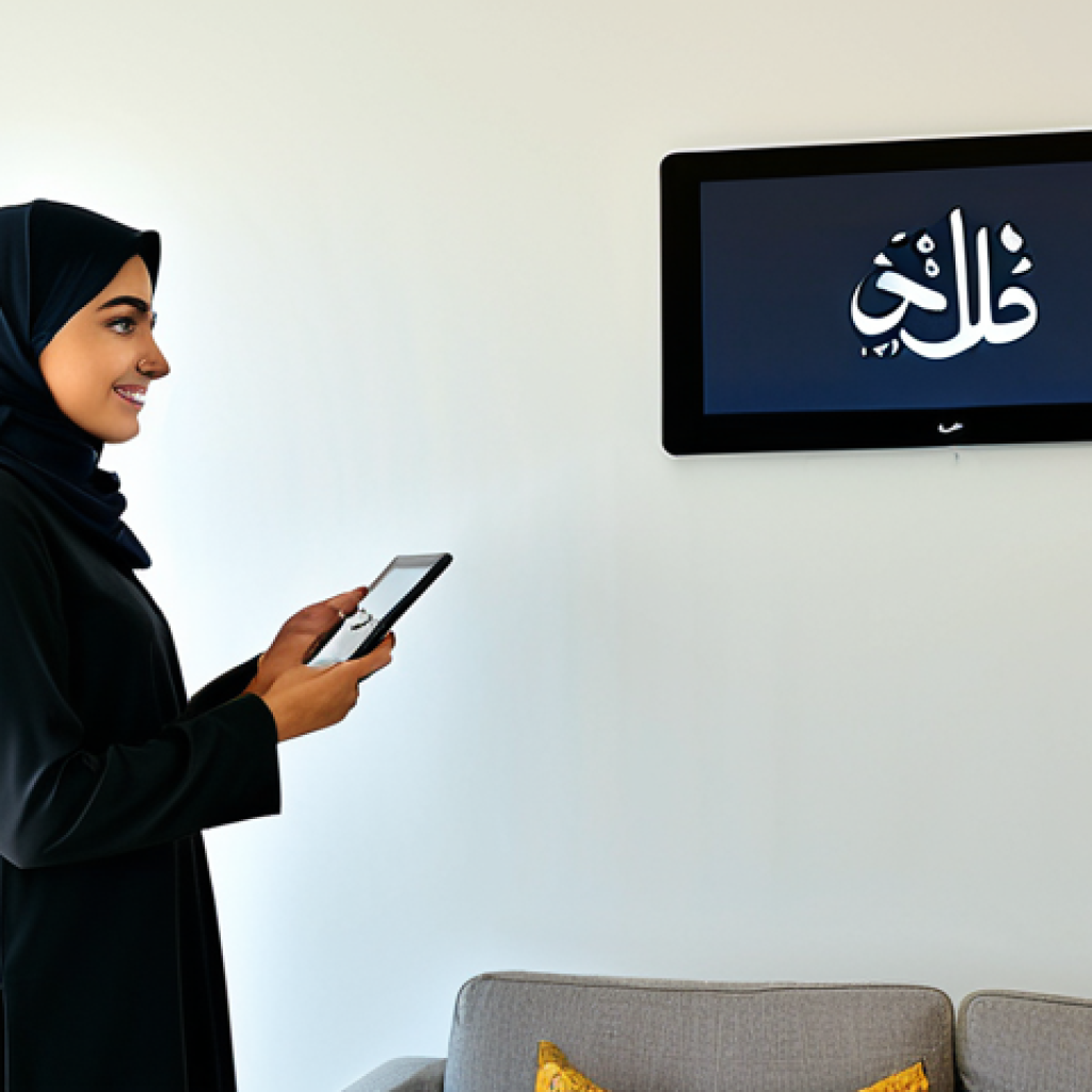 Smart Home Convenience**
A modern, stylish living room in a Middle Eastern home. A woman in modest, professional attire uses a tablet to control the smart lighting and thermostat. Warm, inviting atmosphere. Displays Arabic calligraphy art on the wall. "Safe for work," "appropriate content," "fully clothed," "professional," "modest". Perfect anatomy, correct proportions, natural pose, well-formed hands, proper finger count, natural body proportions. High quality, professional photography, showcasing the ease and comfort of a connected home.
**
