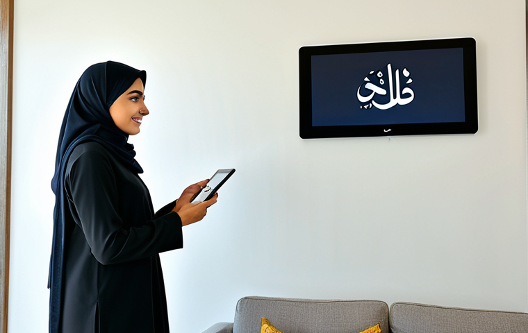 Smart Home Convenience**
A modern, stylish living room in a Middle Eastern home. A woman in modest, professional attire uses a tablet to control the smart lighting and thermostat. Warm, inviting atmosphere. Displays Arabic calligraphy art on the wall. "Safe for work," "appropriate content," "fully clothed," "professional," "modest". Perfect anatomy, correct proportions, natural pose, well-formed hands, proper finger count, natural body proportions. High quality, professional photography, showcasing the ease and comfort of a connected home.
**