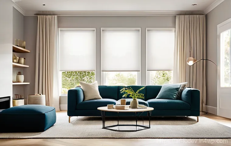 스마트 가전의 기기 간 연결성 높이기 - **Prompt:** A serene, modern living room bathed in a soft, ambient glow from integrated smart lighti...