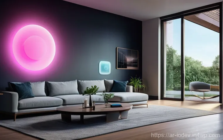 스마트 가전의 기기 간 연결성 높이기 - **Prompt:** A serene, modern living room bathed in a soft, ambient glow from integrated smart lighti...