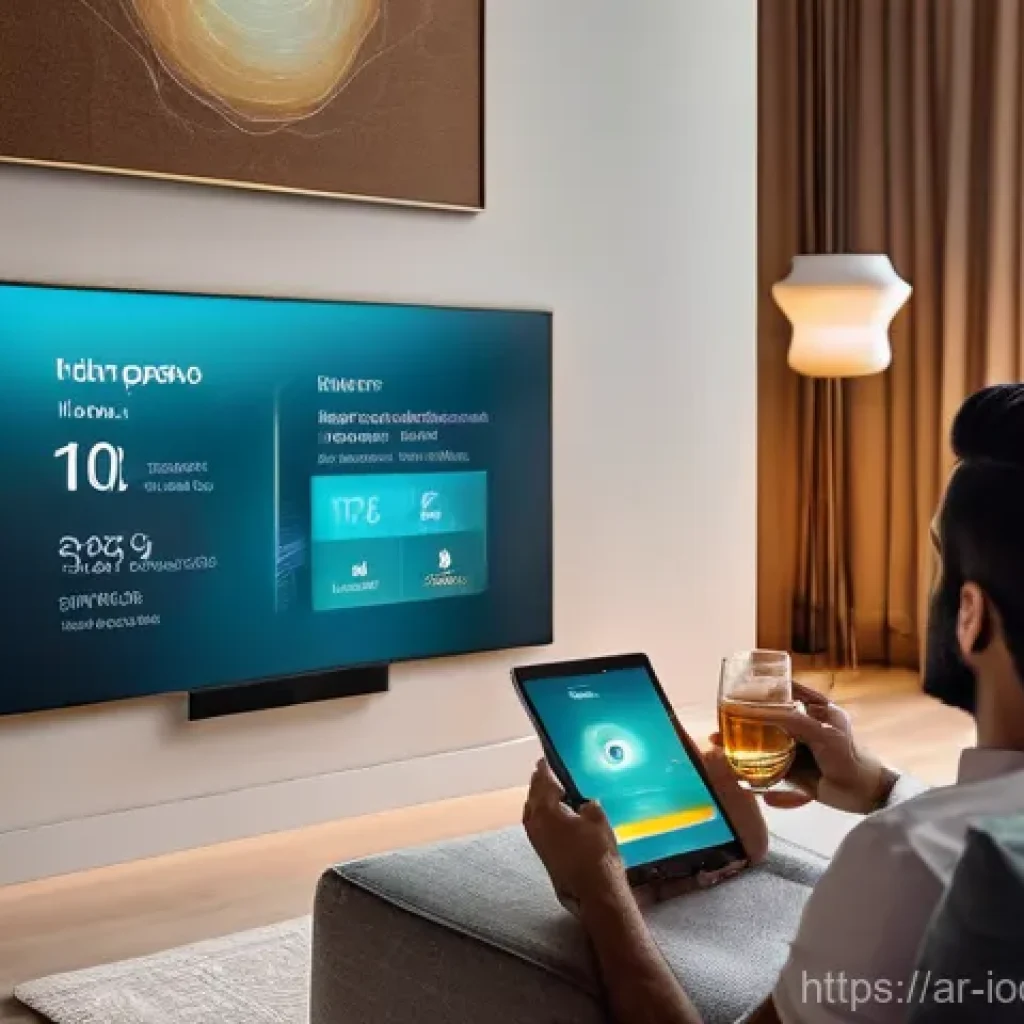 IoT 가전으로 효율적인 에너지 관리하기 - **Prompt:** A cozy and modern living room in an Arab home, bathed in soft, adjustable smart lighting...