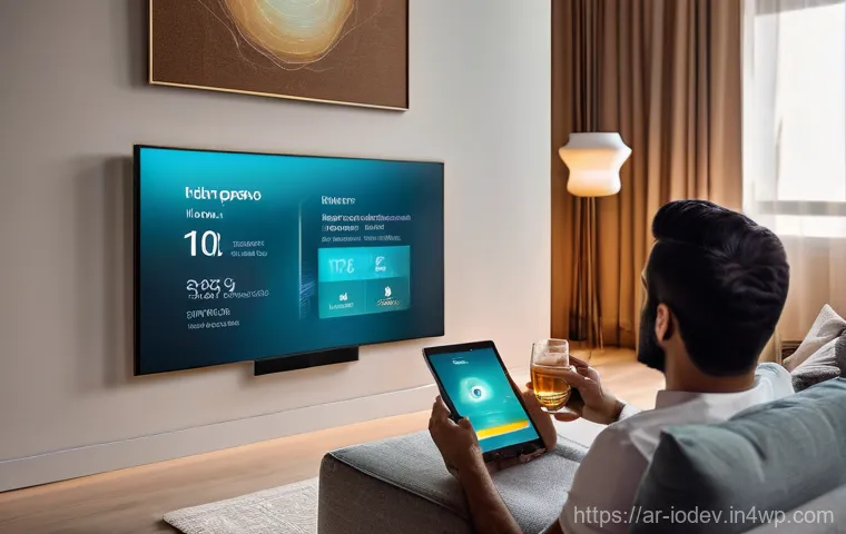 IoT 가전으로 효율적인 에너지 관리하기 - **Prompt:** A cozy and modern living room in an Arab home, bathed in soft, adjustable smart lighting...
