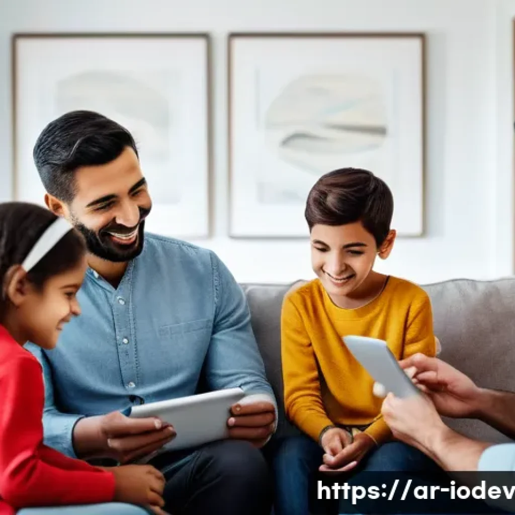 스마트 홈 기기 구매 시 고려 사항 - **Prompt 1: Family Planning Their Smart Home**
A warm and inviting modern Arab living room, subt...