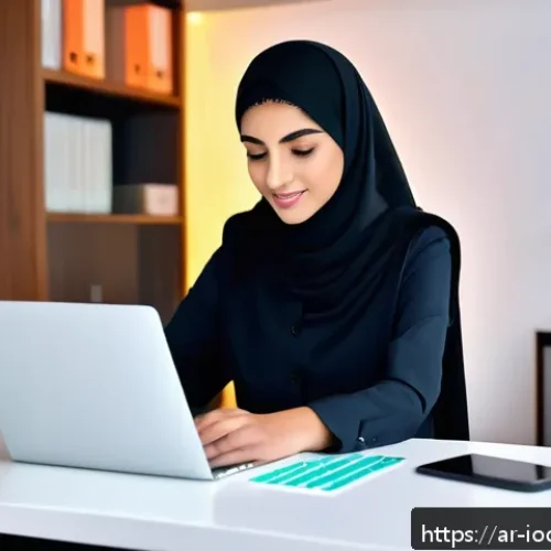 스마트 가전 구매 후 활용도 높이는 법 - A modern Arab home office scene featuring a young professional woman using a sleek smart watch and a...
