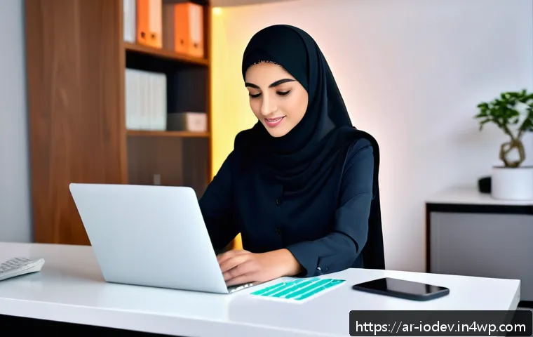 스마트 가전 구매 후 활용도 높이는 법 - A modern Arab home office scene featuring a young professional woman using a sleek smart watch and a...