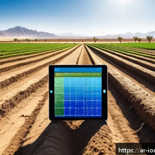IoT 기기를 통한 스마트 농업의 가능성 - A modern agricultural field in an arid Middle Eastern landscape with rows of healthy crops under bri...