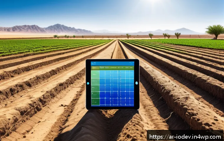IoT 기기를 통한 스마트 농업의 가능성 - A modern agricultural field in an arid Middle Eastern landscape with rows of healthy crops under bri...