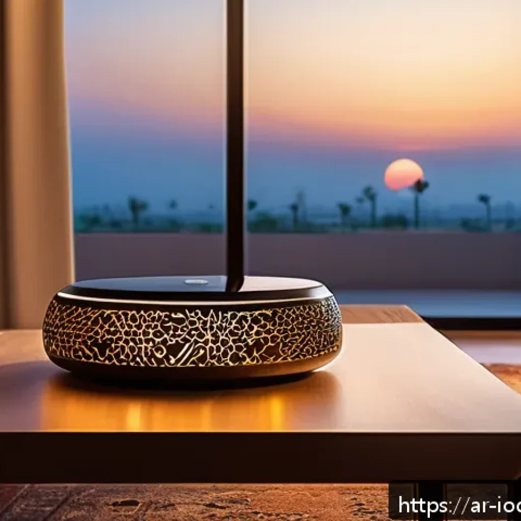 스마트 홈 기기의 설치 과정과 주의사항 - A modern smart home living room in Riyadh at dusk, featuring Arabic-style decor with geometric patte...