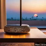 스마트 홈 기기의 설치 과정과 주의사항 - A modern smart home living room in Riyadh at dusk, featuring Arabic-style decor with geometric patte...