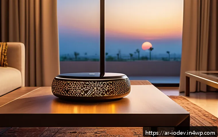 스마트 홈 기기의 설치 과정과 주의사항 - A modern smart home living room in Riyadh at dusk, featuring Arabic-style decor with geometric patte...