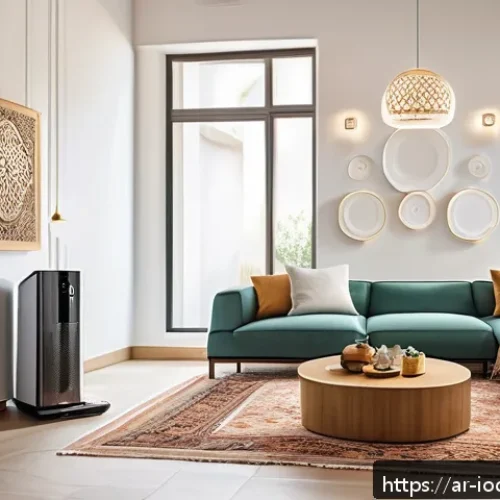 스마트 가전의 원리와 기술적 이해 - A modern Arab family home interior showcasing a smart home ecosystem with various connected devices ...