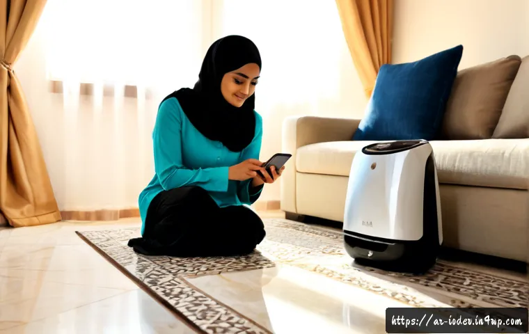 Home 17 IoT 가전과 AI의 융합 사례 - Photorealistic modern Arab family living room, a modestly dressed woman using a smartphone to adjust...