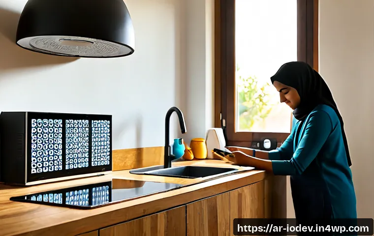 Home 17 IoT 가전과 DIY 프로젝트 - Photorealistic modern Arab family kitchen, a modestly dressed adult assembling a small DIY smart sen...